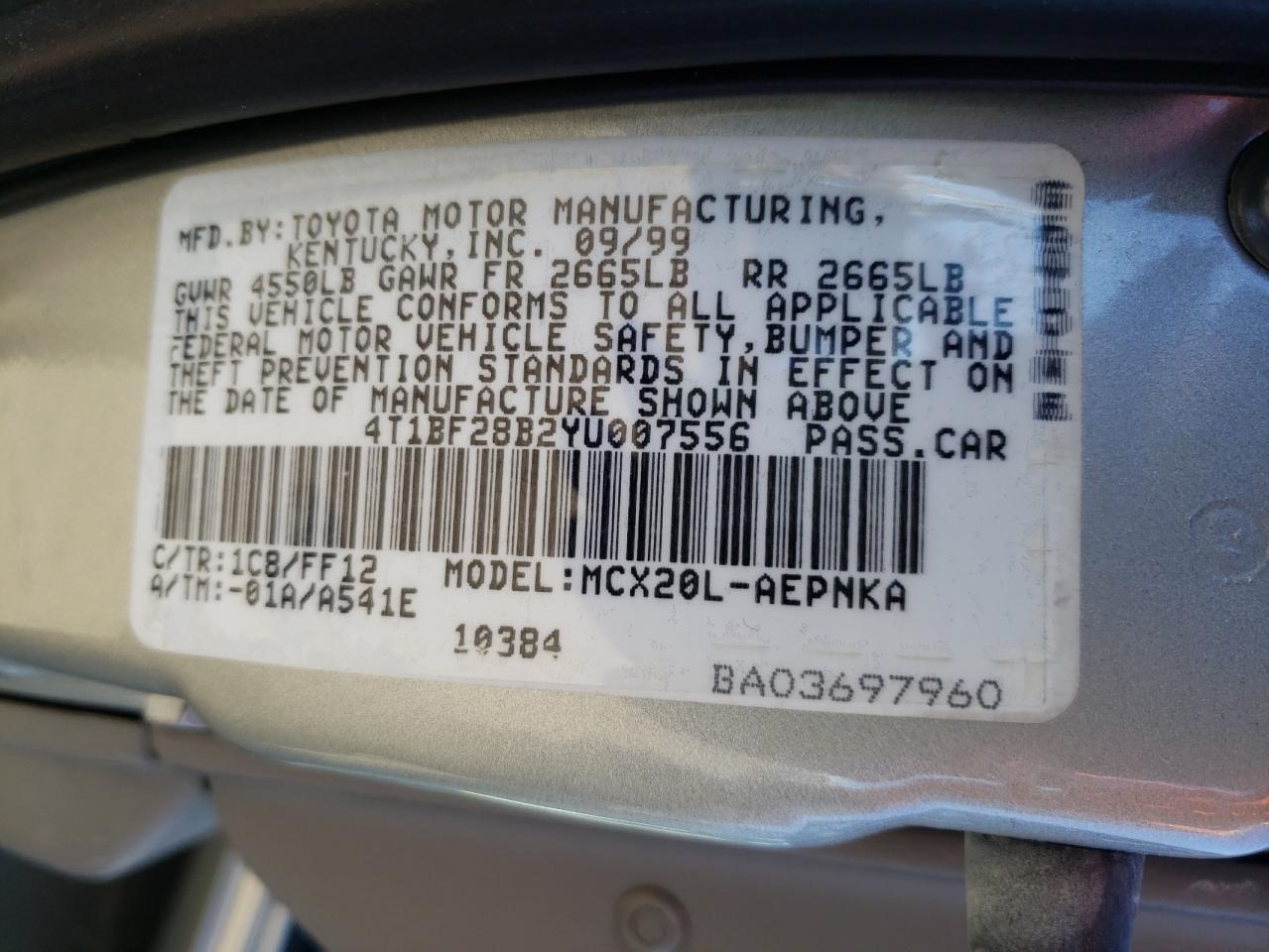 Photo 10 from auction – 2000 TOYOTA AVALON XL with VIN 4T1BF28B2YU007556