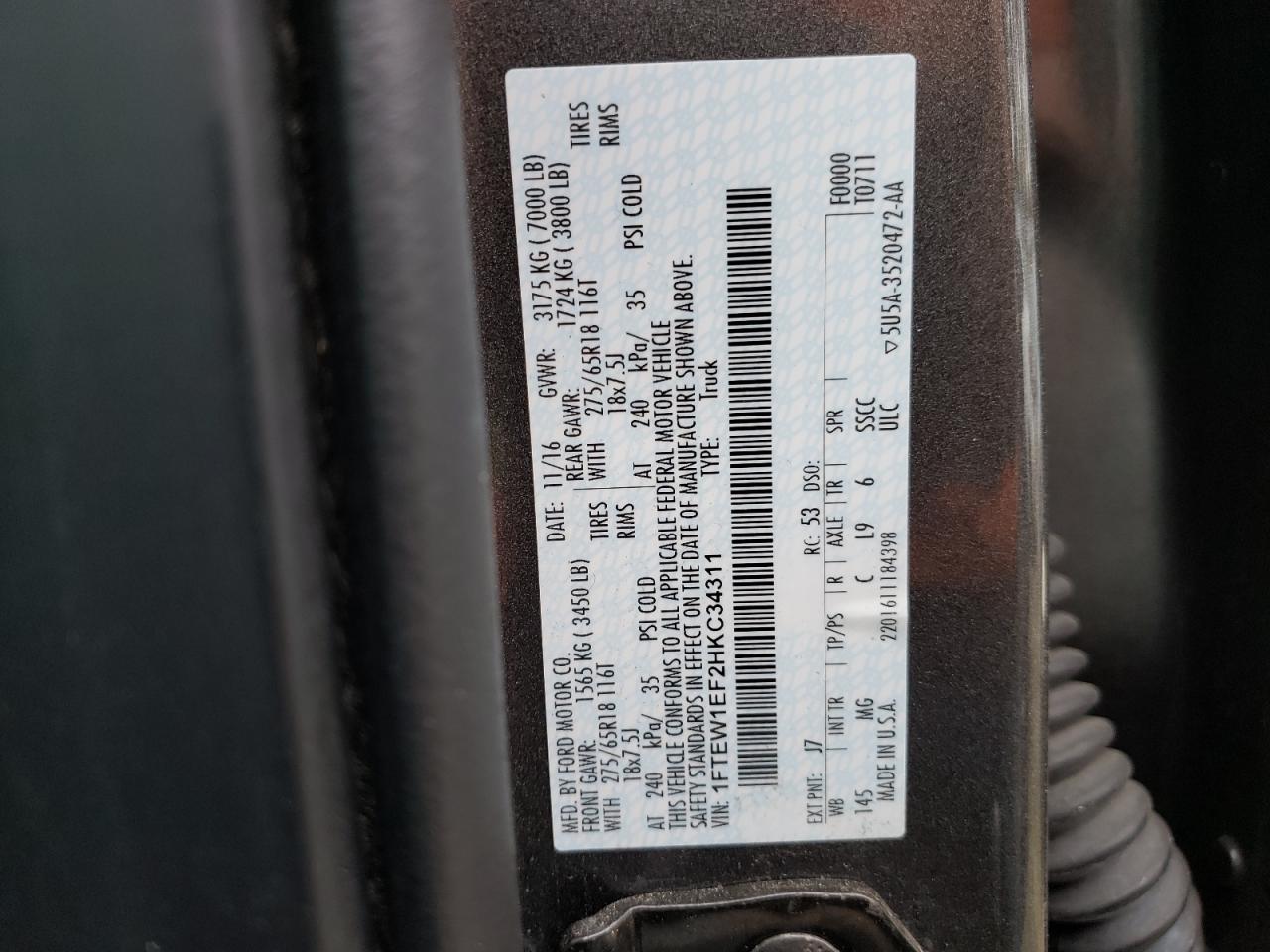 Photo 10 from auction – 2017 FORD F150 SUPER with VIN 1FTEW1EF2HKC34311