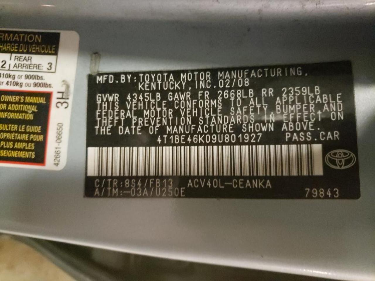 Photo 10 from auction – 2009 TOYOTA CAMRY BASE with VIN 4T1BE46K09U801927