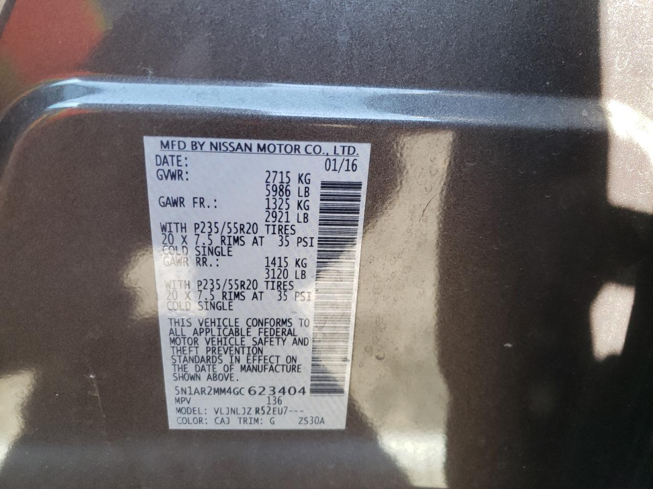 Photo 10 from auction – 2016 NISSAN PATHFINDER with VIN 5N1AR2MM4GC623404