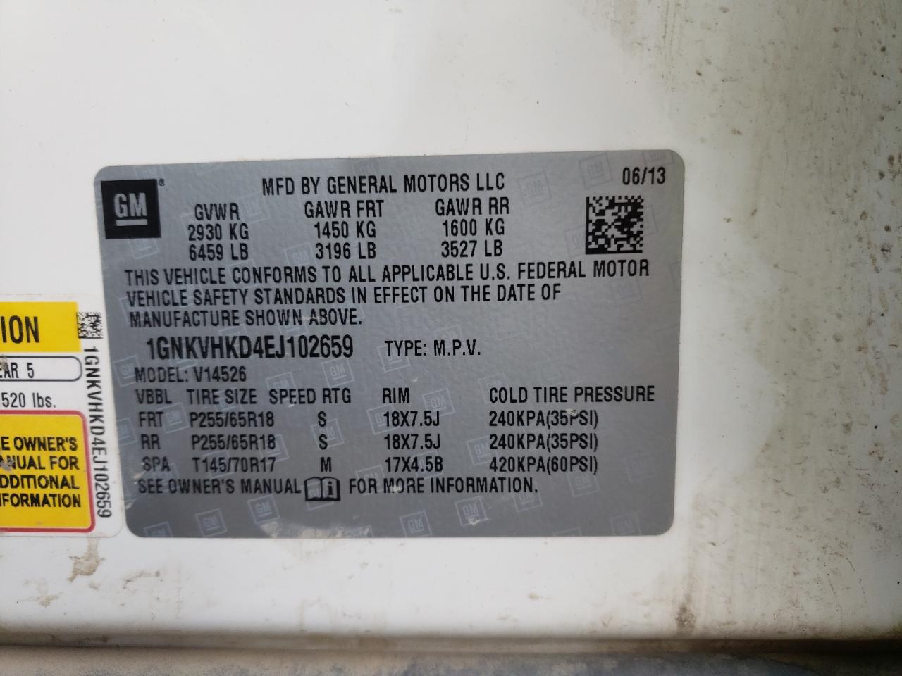 Photo 10 from auction – 2014 CHEVROLET TRAVERSE L with VIN 1GNKVHKD4EJ102659