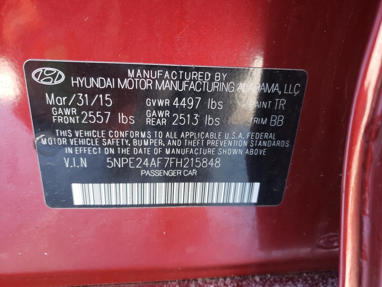 Photo 10 from auction – 2015 HYUNDAI SONATA SE with VIN 5NPE24AF7FH215848