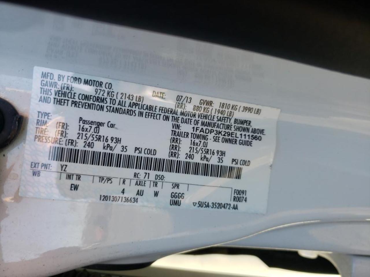 Photo 10 from auction – 2014 FORD FOCUS SE with VIN 1FADP3K29EL111560