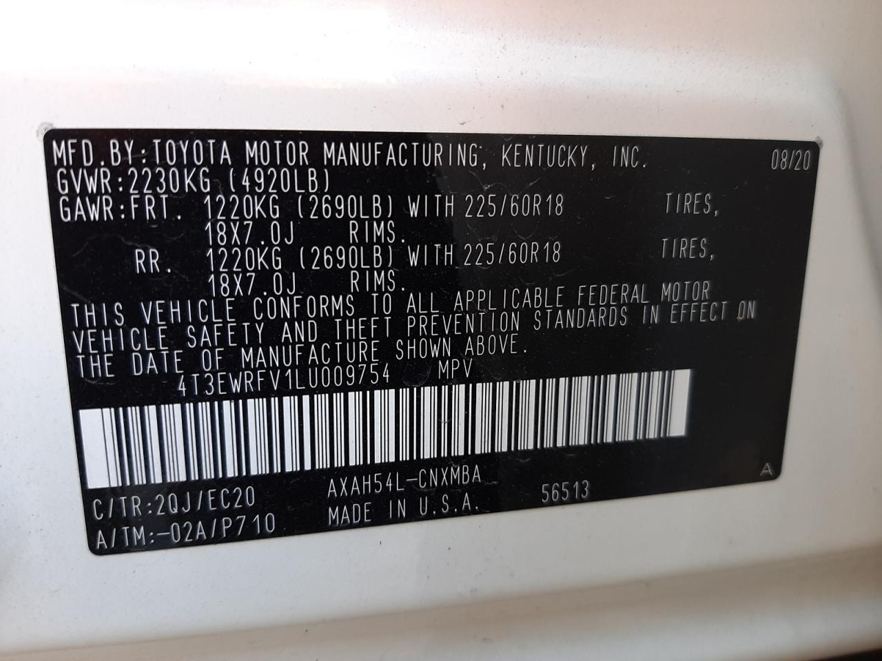 Photo 10 from auction – 2020 TOYOTA RAV4 with VIN 4T3EWRFV1LU009754