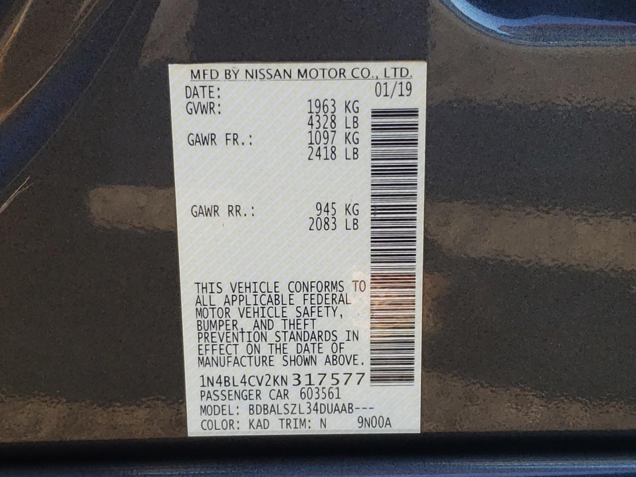 Photo 10 from auction – 2019 NISSAN ALTIMA SR with VIN 1N4BL4CV2KN317577