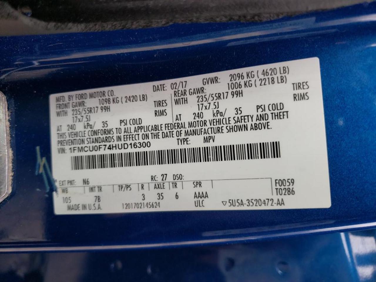 Photo 10 from auction – 2017 FORD ESCAPE S with VIN 1FMCU0F74HUD16300