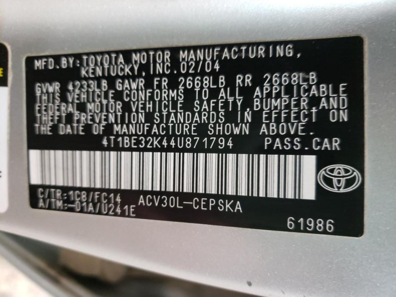 Photo 10 from auction – 2004 TOYOTA CAMRY LE with VIN 4T1BE32K44U871794