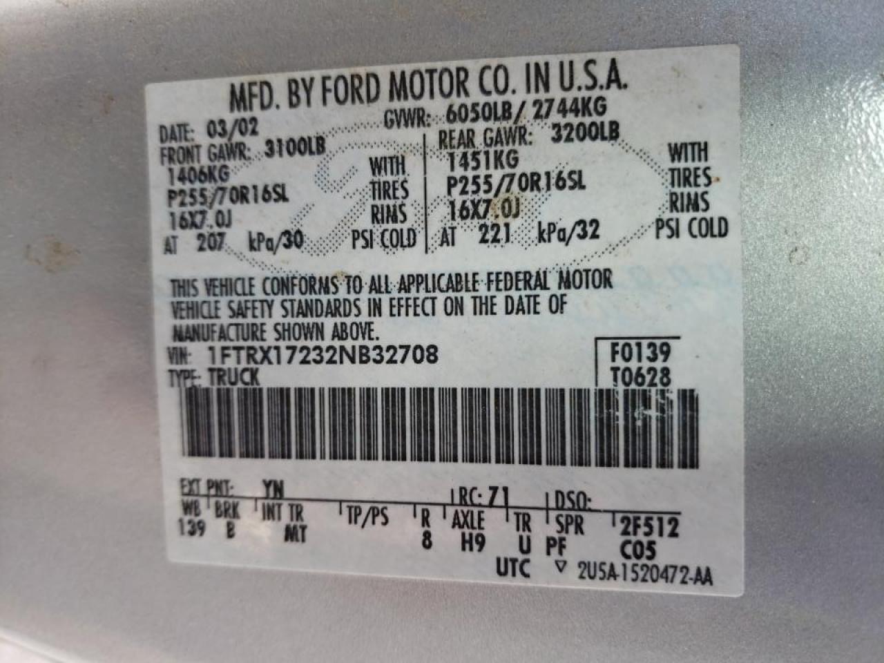 Photo 10 from auction – 2002 FORD F150 with VIN 1FTRX17232NB32708