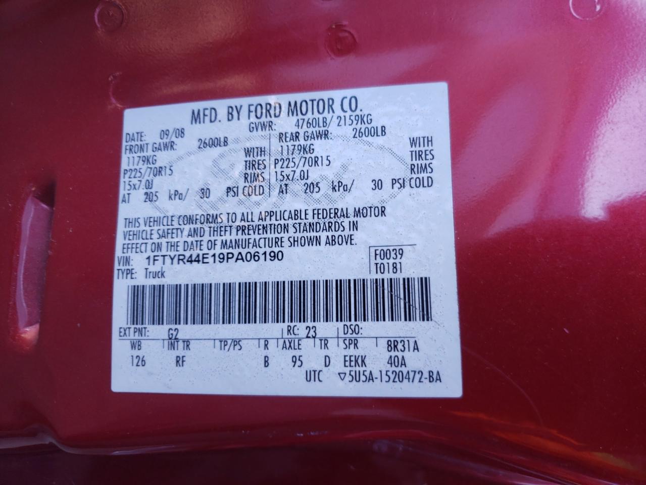Photo 10 from auction – 2009 FORD RANGER SUP with VIN 1FTYR44E19PA06190