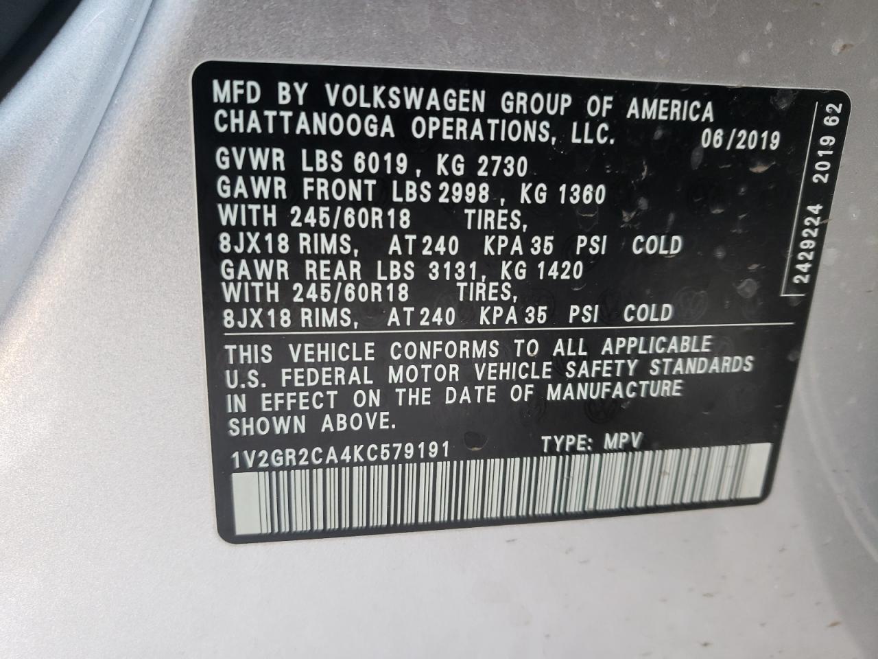 Photo 10 from auction – 2019 VOLKSWAGEN ATLAS S with VIN 1V2GR2CA4KC579191