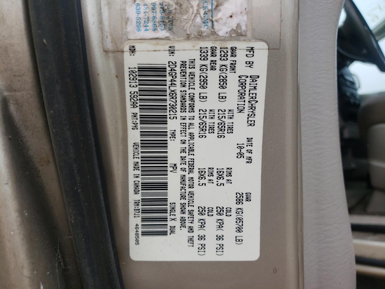 Photo 10 from auction – 2006 DODGE GRAND CARA with VIN 2D4GP44LX6R730215