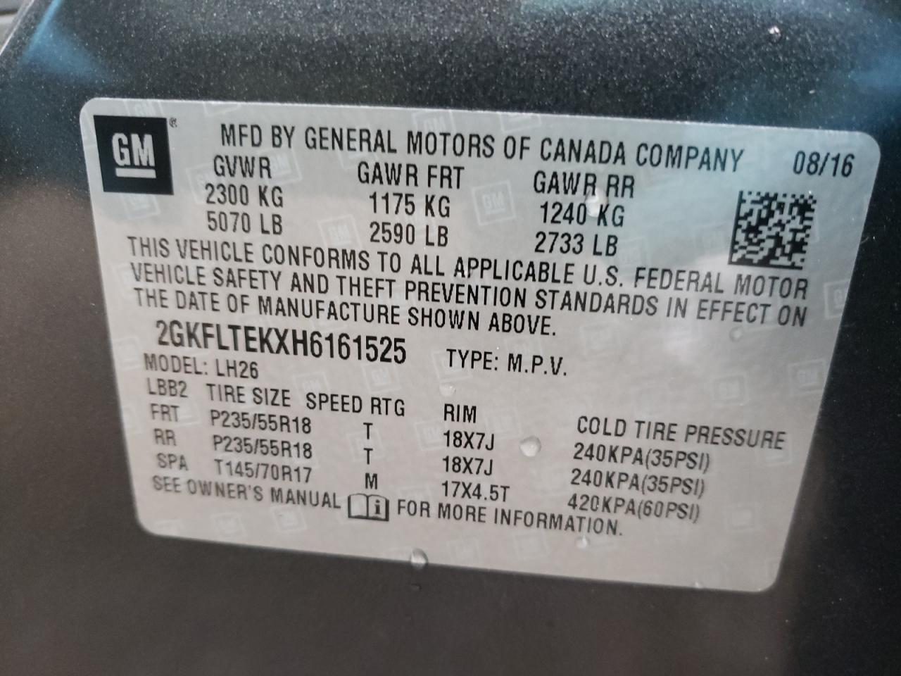 Photo 10 from auction – 2017 GMC TERRAIN SL with VIN 2GKFLTEKXH6161525