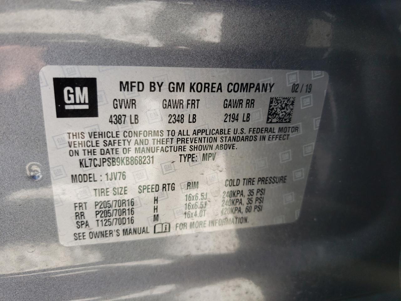 Photo 10 from auction – 2019 CHEVROLET TRAX 1LT with VIN KL7CJPSB9KB868231