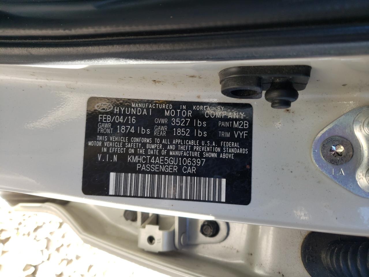 Photo 10 from auction – 2016 HYUNDAI ACCENT SE with VIN KMHCT4AE5GU106397