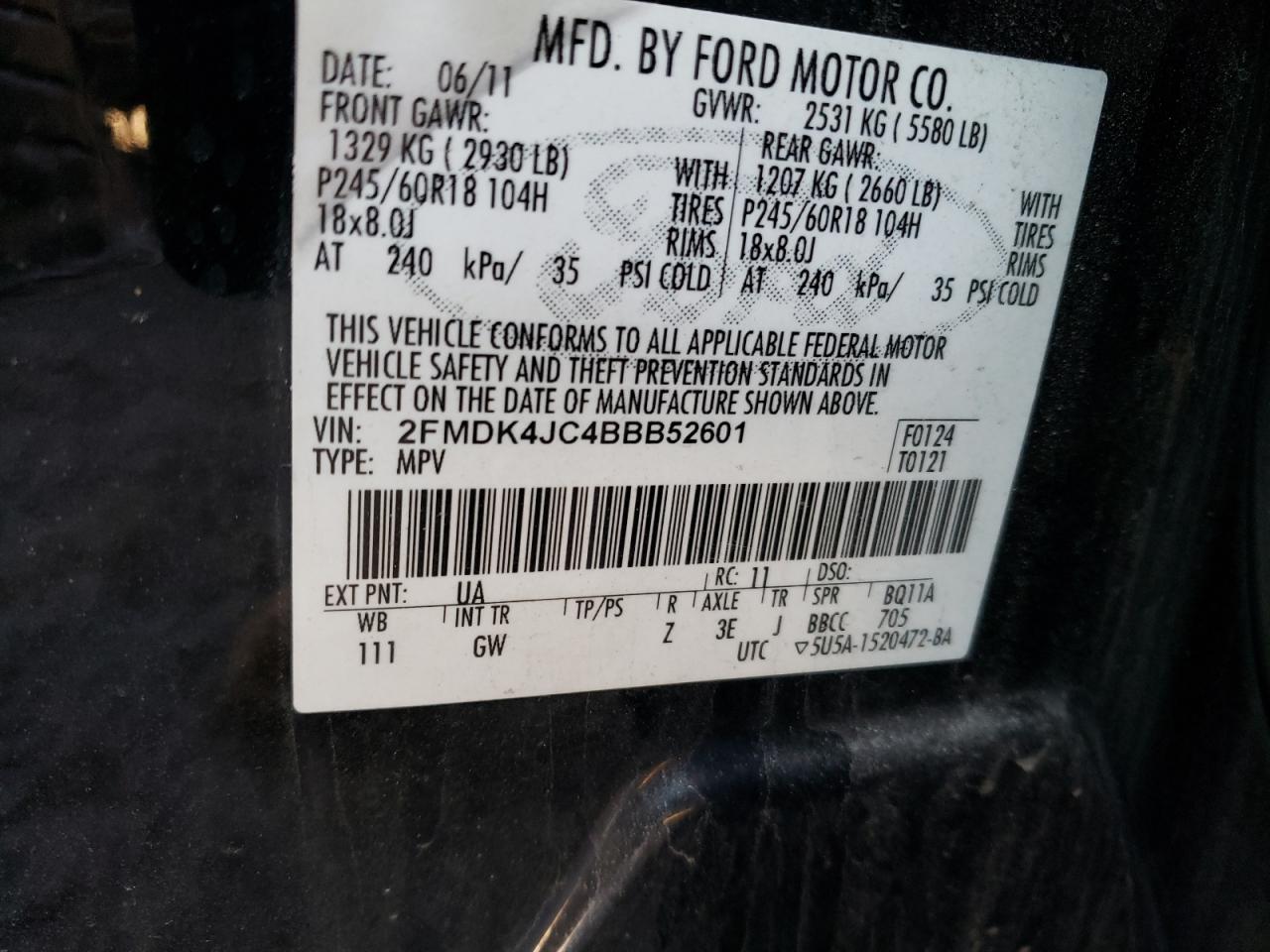 Photo 10 from auction – 2011 FORD EDGE SEL with VIN 2FMDK4JC4BBB52601