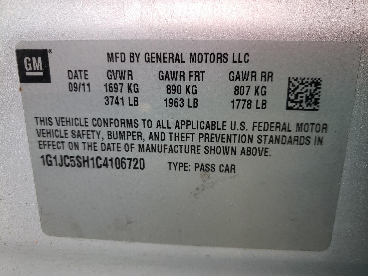 Photo 10 from auction – 2012 CHEVROLET SONIC LT with VIN 1G1JC5SH1C4106720