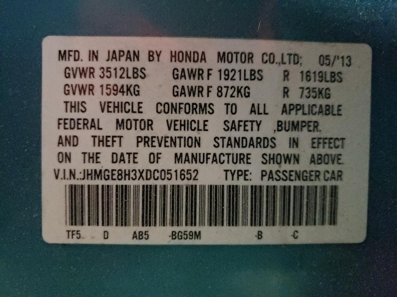 Photo 10 from auction – 2013 HONDA FIT with VIN JHMGE8H3XDC051652