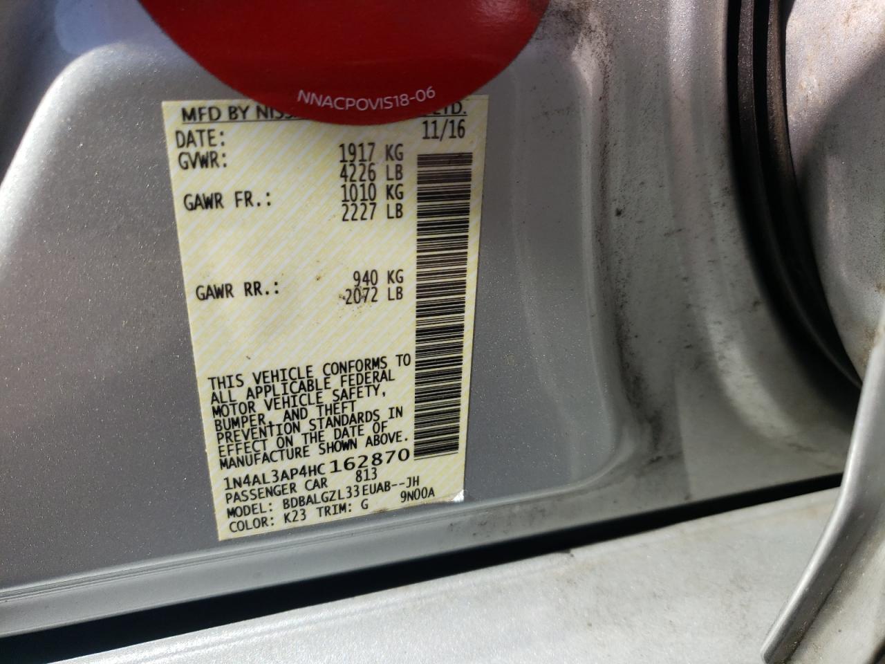 Photo 10 from auction – 2017 NISSAN ALTIMA 2.5 with VIN 1N4AL3AP4HC162870