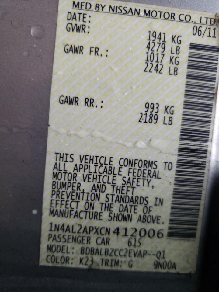 Photo 10 from auction – 2012 NISSAN ALTIMA BAS with VIN 1N4AL2APXCN412006
