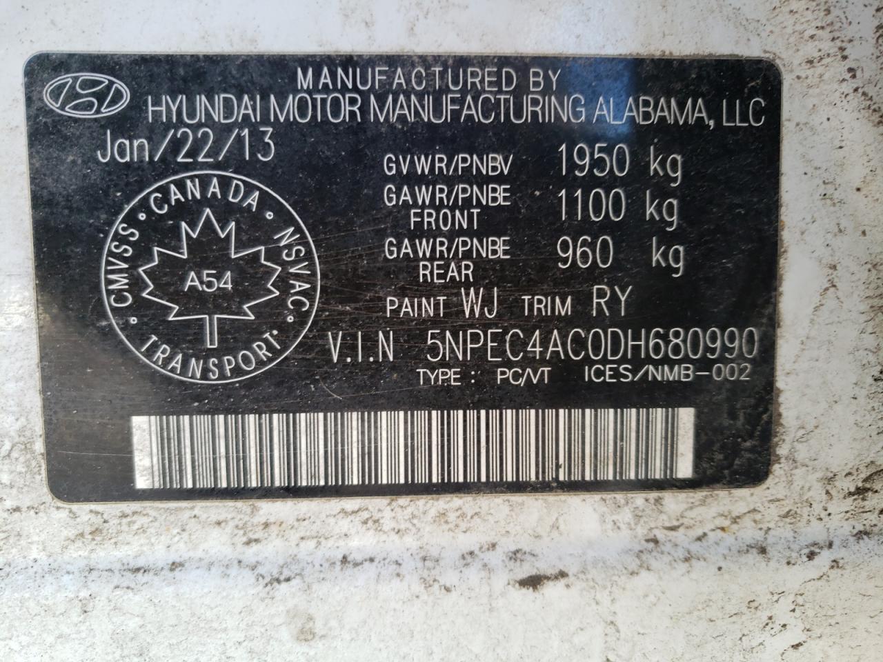 Photo 10 from auction – 2013 HYUNDAI SONATA SE with VIN 5NPEC4AC0DH680990