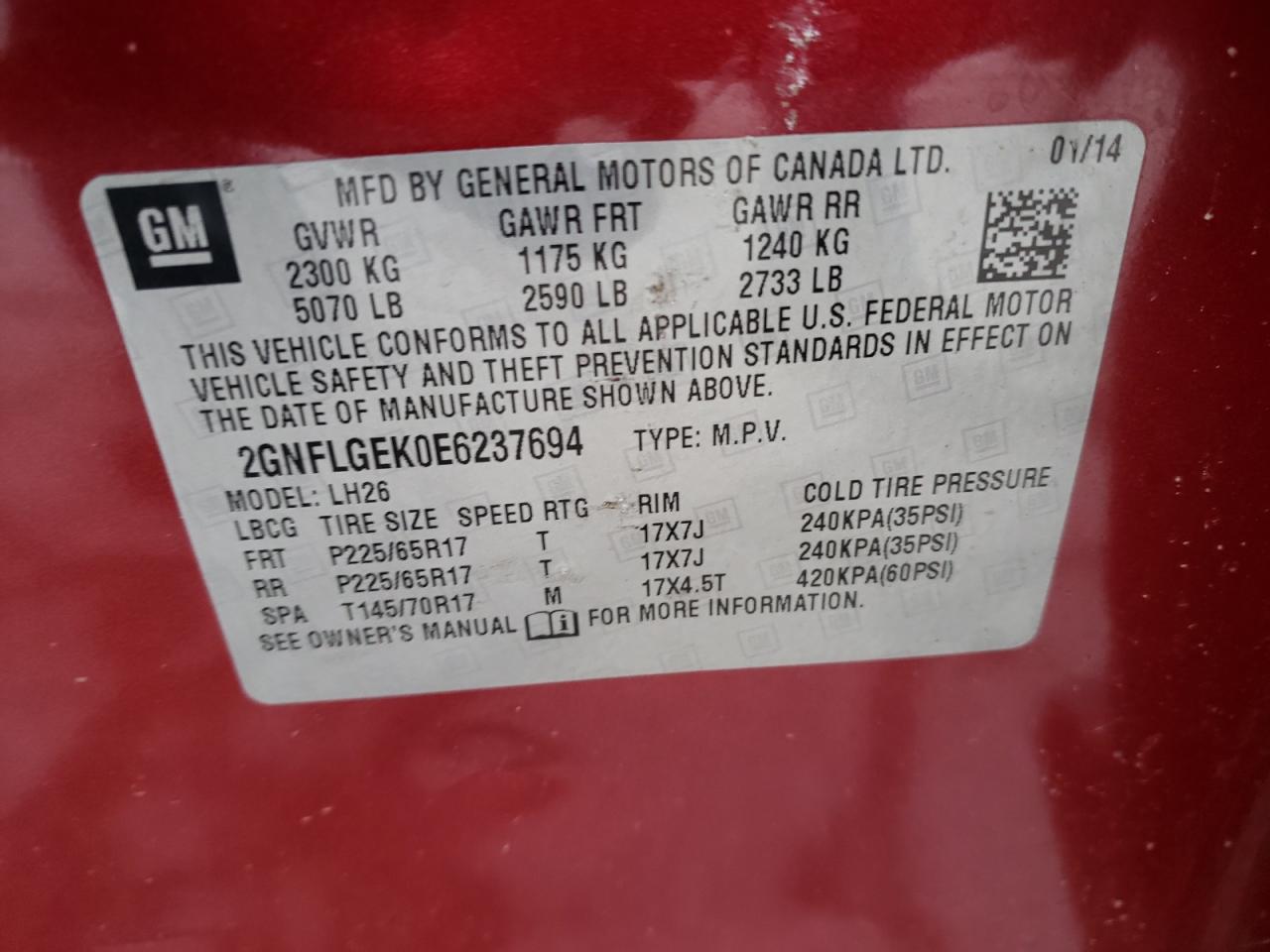 Photo 10 from auction – 2014 CHEVROLET EQUINOX LT with VIN 2GNFLGEK0E6237694
