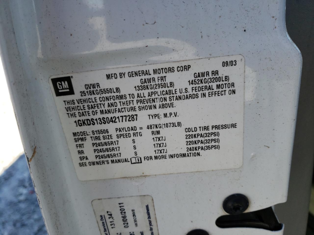 Photo 10 from auction – 2004 GMC ENVOY with VIN 1GKDS13S042177287