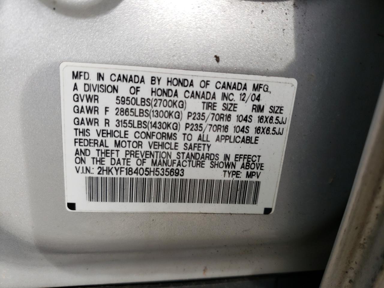 Photo 10 from auction – 2005 HONDA PILOT EX with VIN 2HKYF18405H535693