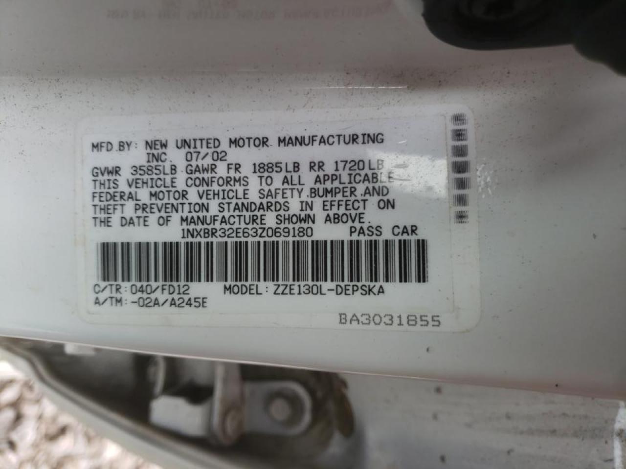 Photo 10 from auction – 2003 TOYOTA COROLLA CE with VIN 1NXBR32E63Z069180