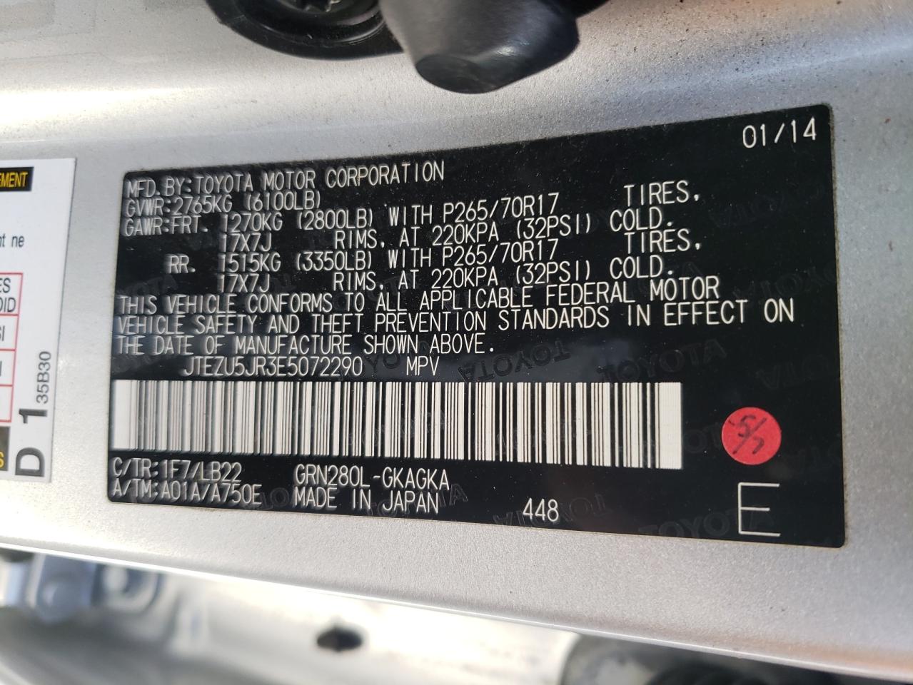 Photo 10 from auction – 2014 TOYOTA 4RUNNER SR with VIN JTEZU5JR3E5072290