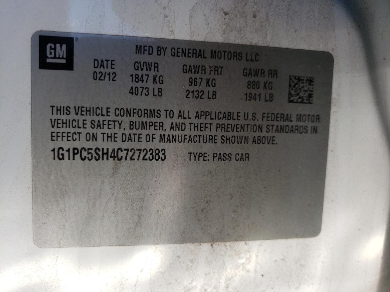 Photo 10 from auction – 2012 CHEVROLET CRUZE LS with VIN 1G1PC5SH4C7272383