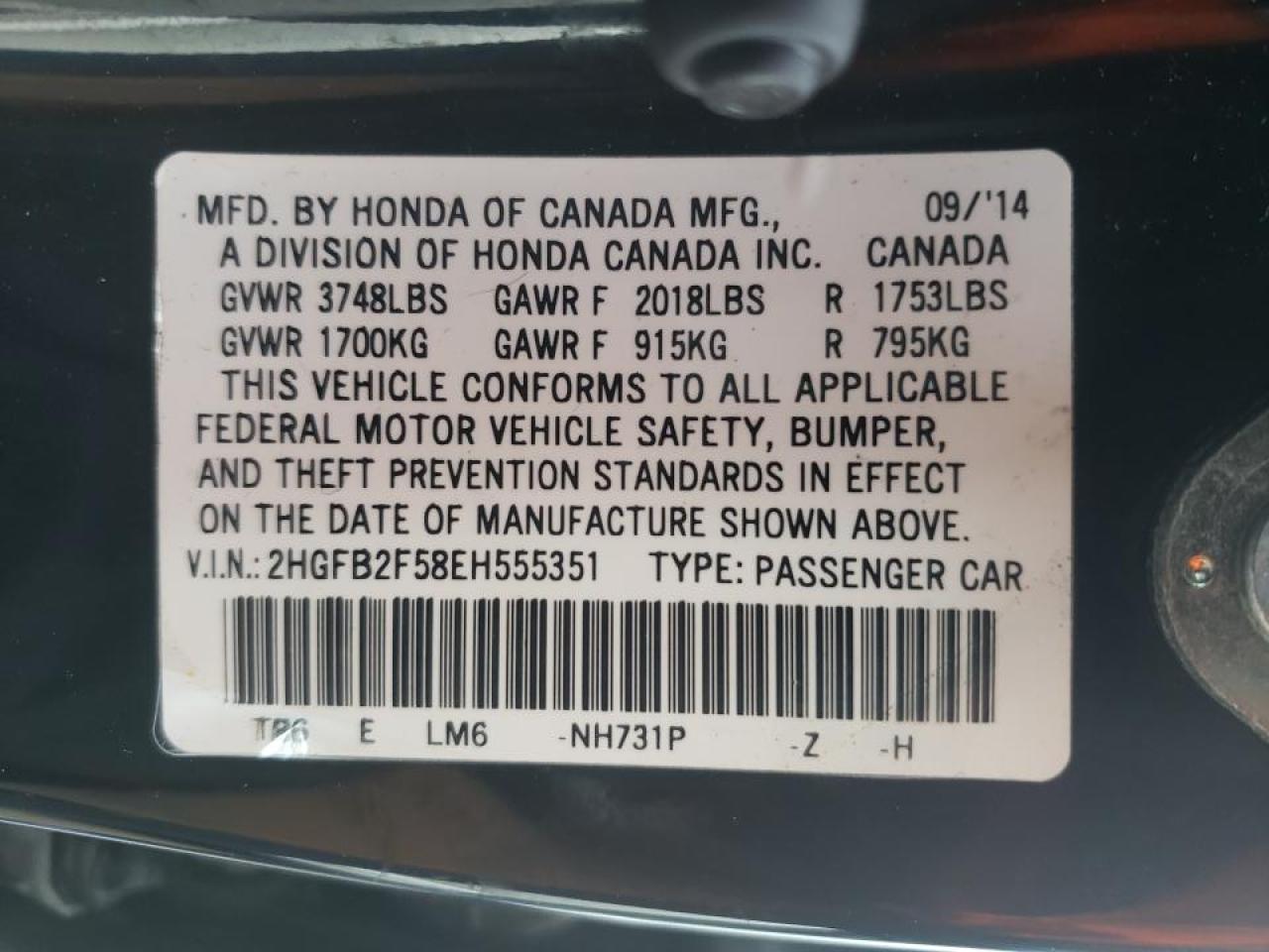 Photo 10 from auction – 2014 HONDA CIVIC LX with VIN 2HGFB2F58EH555351