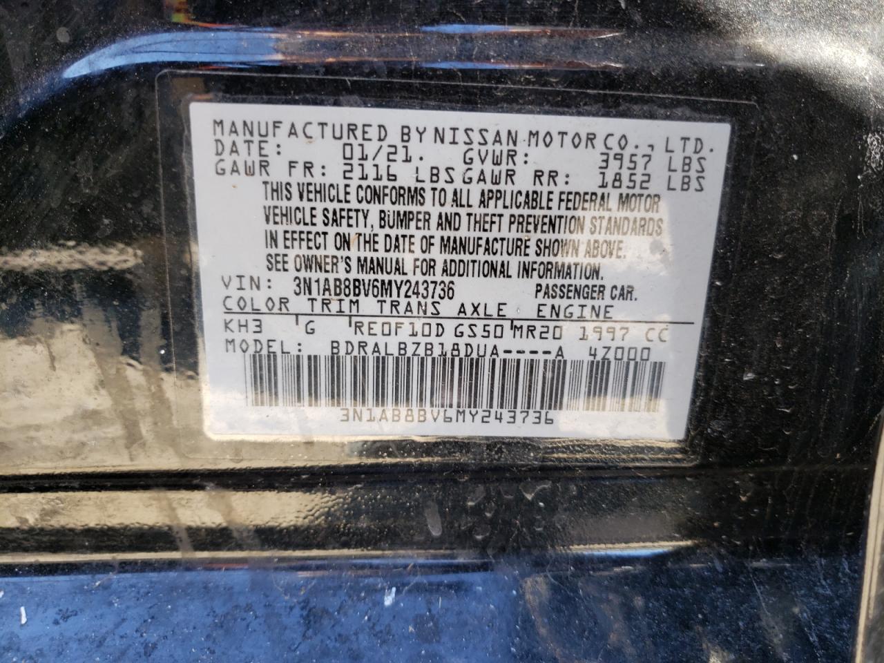 Photo 10 from auction – 2021 NISSAN SENTRA S with VIN 3N1AB8BV6MY243736