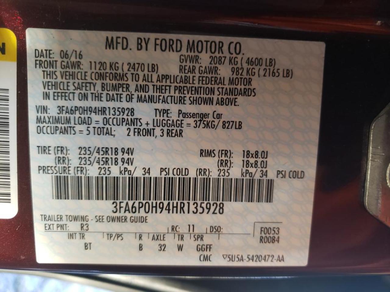 Photo 10 from auction – 2017 FORD FUSION SE with VIN 3FA6P0H94HR135928