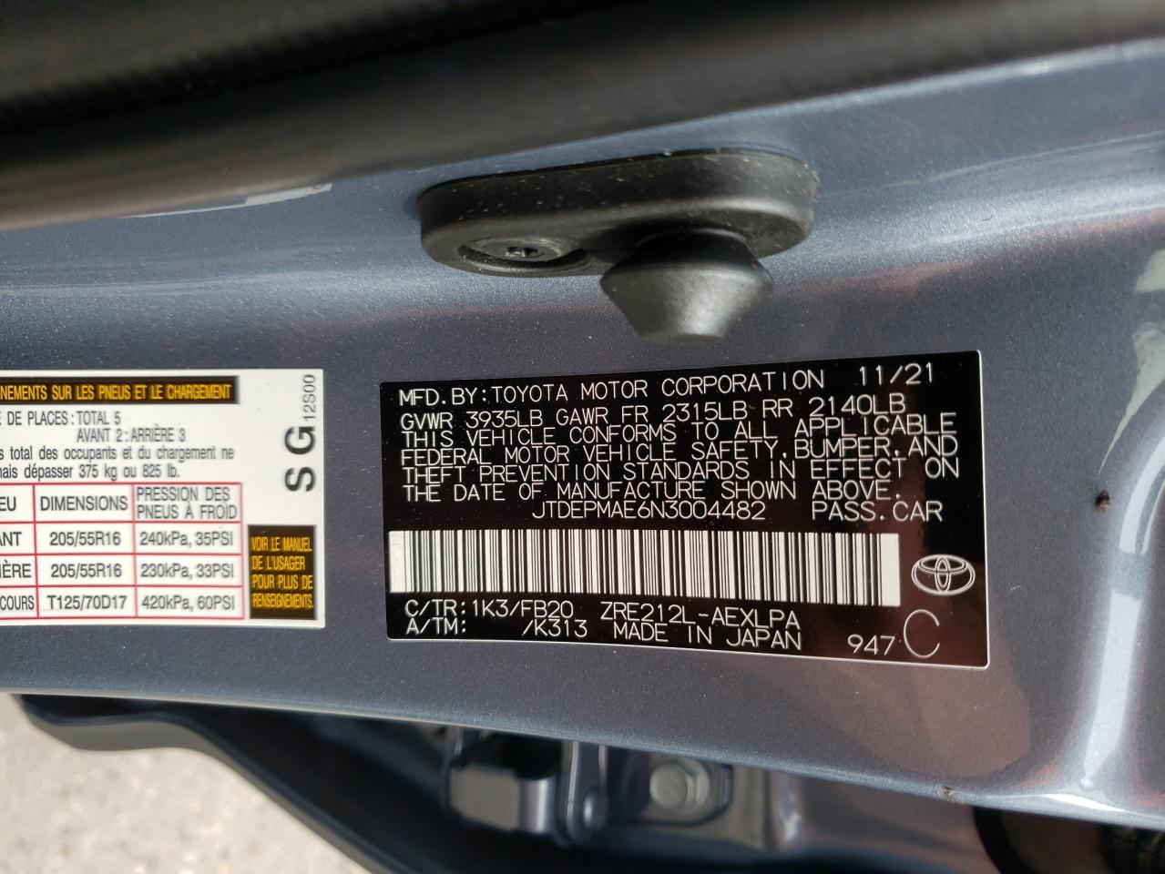 Photo 10 from auction – 2022 TOYOTA COROLLA LE with VIN JTDEPMAE6N3004482