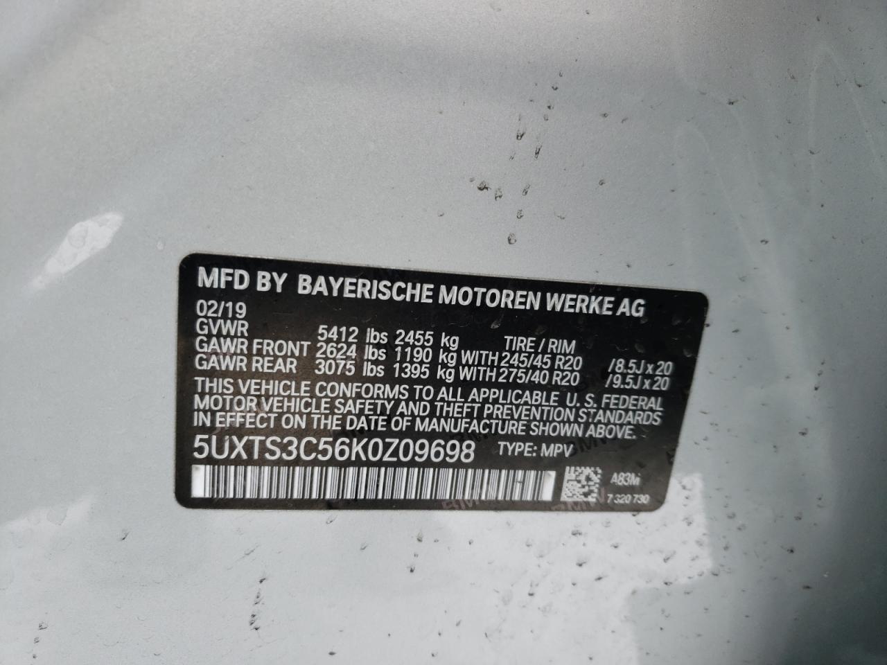 Photo 10 from auction – 2019 BMW X3 XDRIVEM with VIN 5UXTS3C56K0Z09698