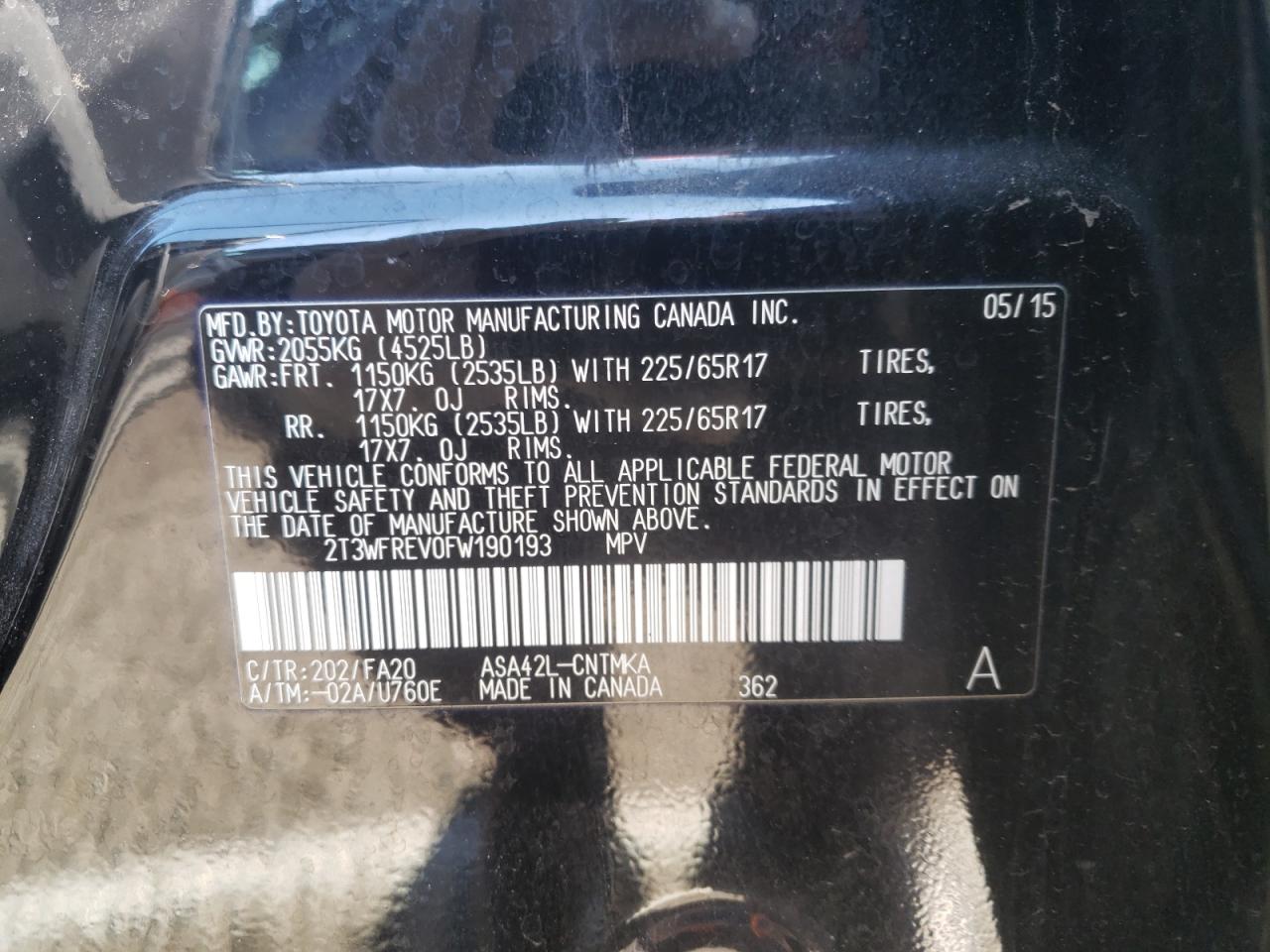 Photo 10 from auction – 2015 TOYOTA RAV4 XLE with VIN 2T3WFREV0FW190193