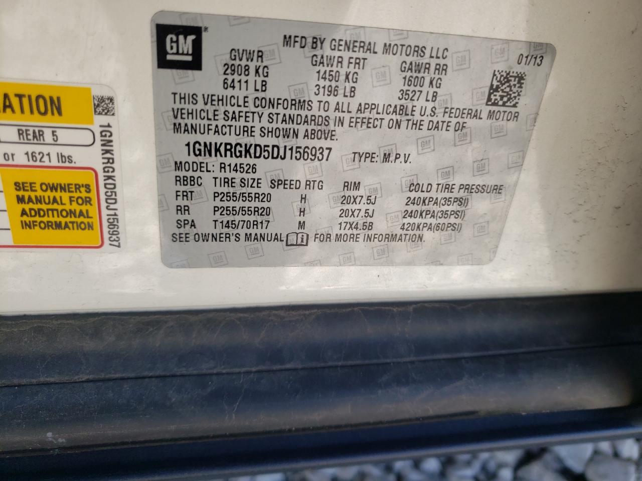 Photo 10 from auction – 2013 CHEVROLET TRAVERSE L with VIN 1GNKRGKD5DJ156937