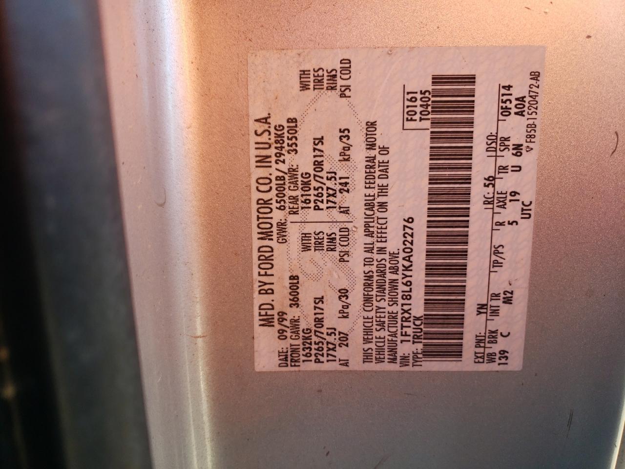 Photo 10 from auction – 2000 FORD F150 with VIN 1FTRX18L6YKA02276
