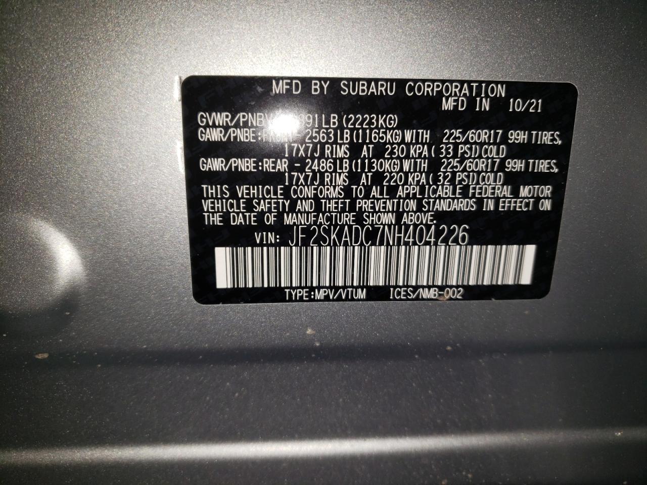 Photo 10 from auction – 2022 SUBARU FORESTER P with VIN JF2SKADC7NH404226