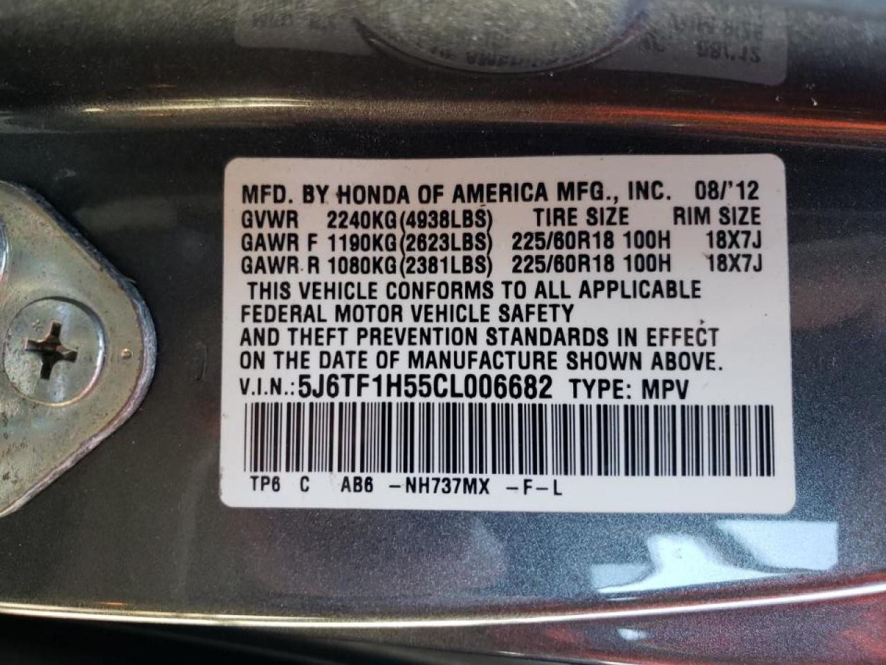 Photo 10 from auction – 2012 HONDA CROSSTOUR with VIN 5J6TF1H55CL006682