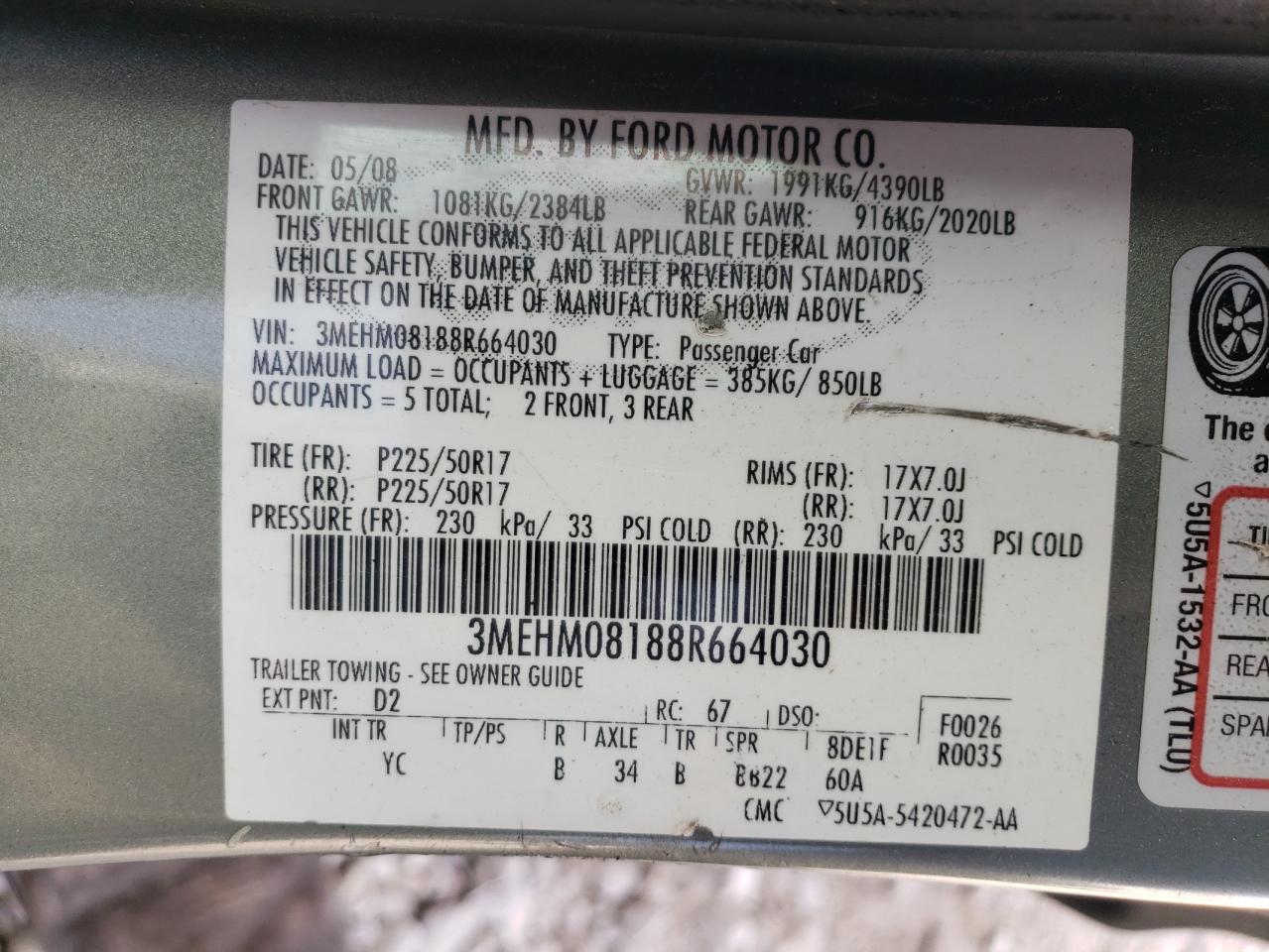 Photo 10 from auction – 2008 MERCURY MILAN PREM with VIN 3MEHM08188R664030