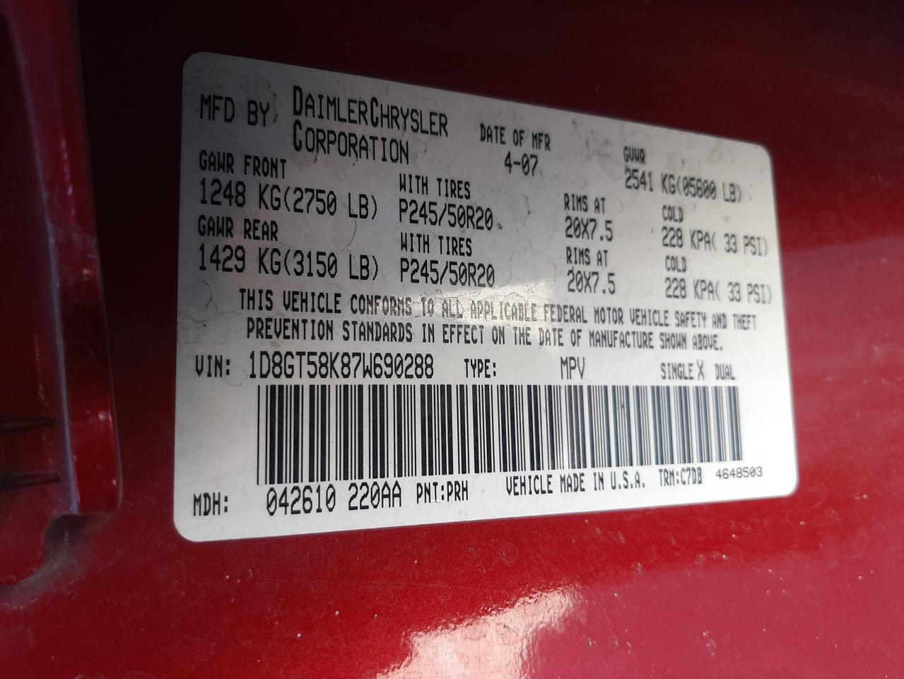 Photo 10 from auction – 2007 DODGE NITRO SLT with VIN 1D8GT58K87W690288