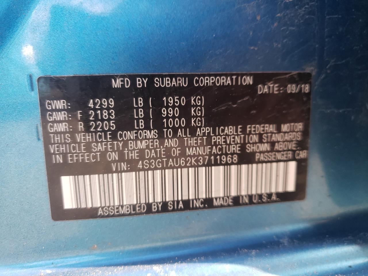 Photo 10 from auction – 2019 SUBARU IMPREZA LI with VIN 4S3GTAU62K3711968