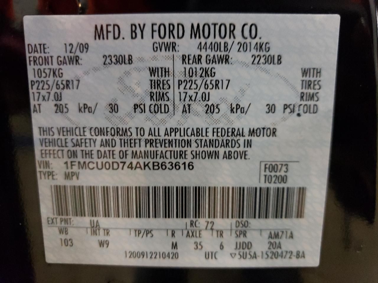 Photo 10 from auction – 2010 FORD ESCAPE XLT with VIN 1FMCU0D74AKB63616