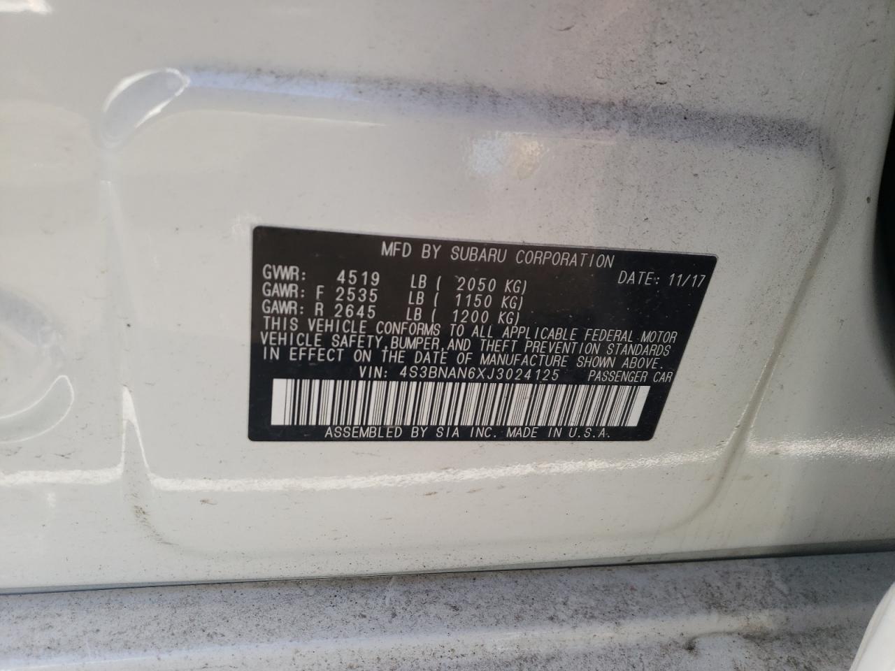 Photo 10 from auction – 2018 SUBARU LEGACY 2.5 with VIN 4S3BNAN6XJ3024125