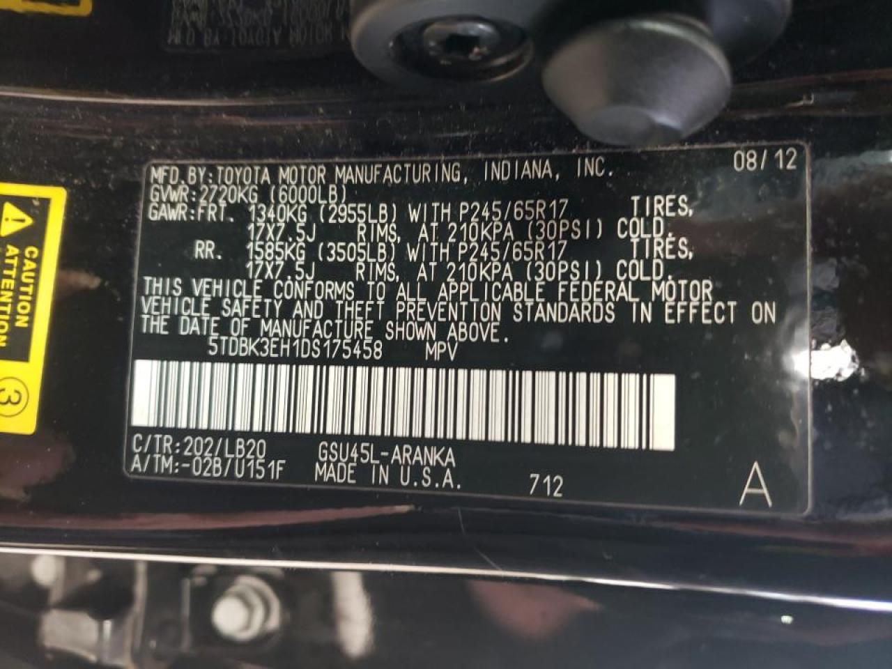 Photo 10 from auction – 2013 TOYOTA HIGHLANDER with VIN 5TDBK3EH1DS175458