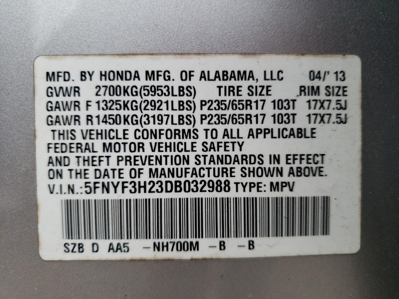 Photo 10 from auction – 2013 HONDA PILOT LX with VIN 5FNYF3H23DB032988