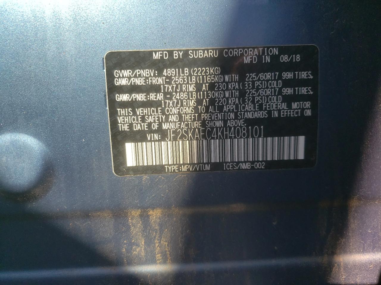 Photo 10 from auction – 2019 SUBARU FORESTER P with VIN JF2SKAEC4KH408101