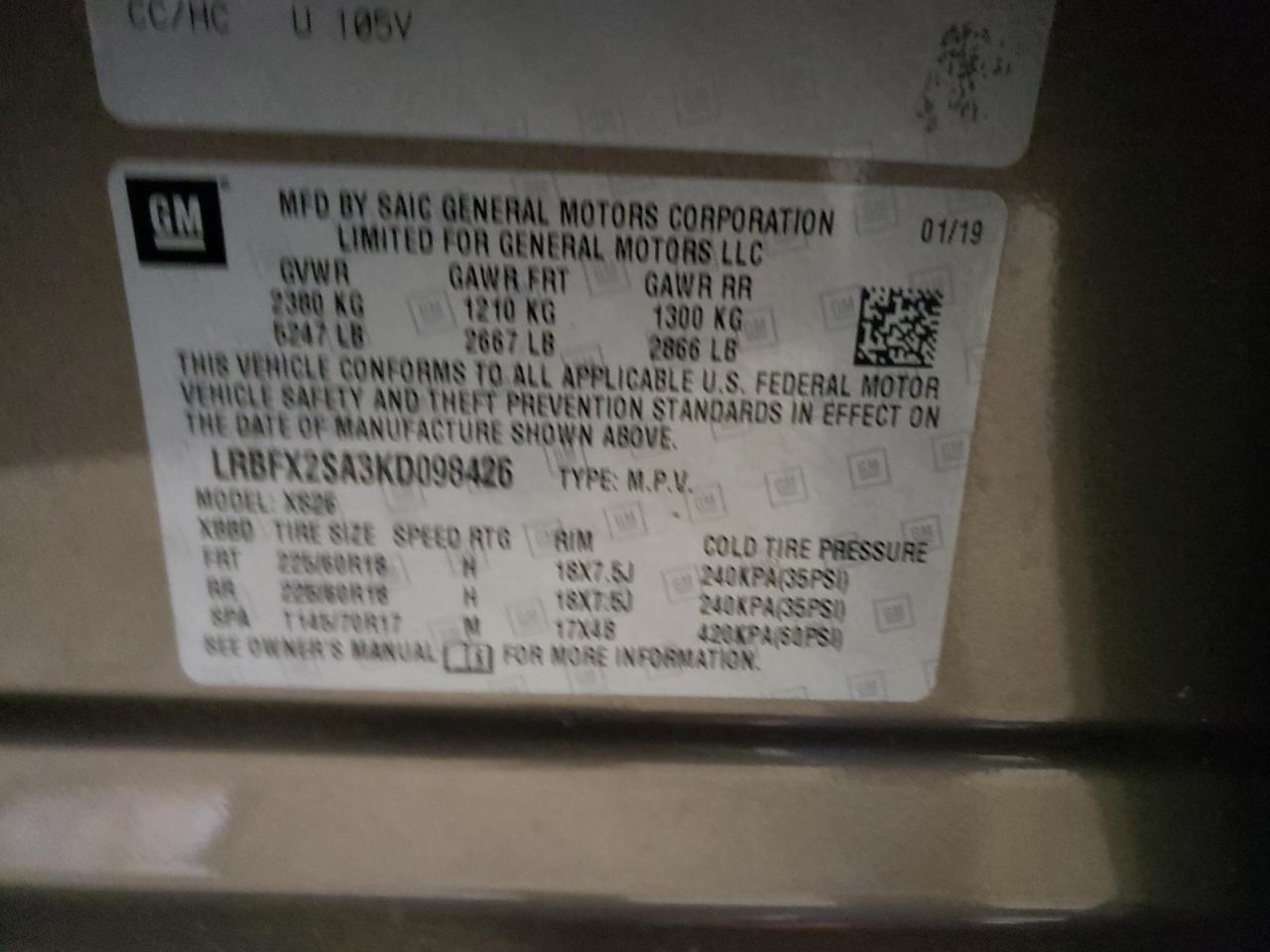 Photo 10 from auction – 2019 BUICK ENVISION E with VIN LRBFX2SA3KD098426