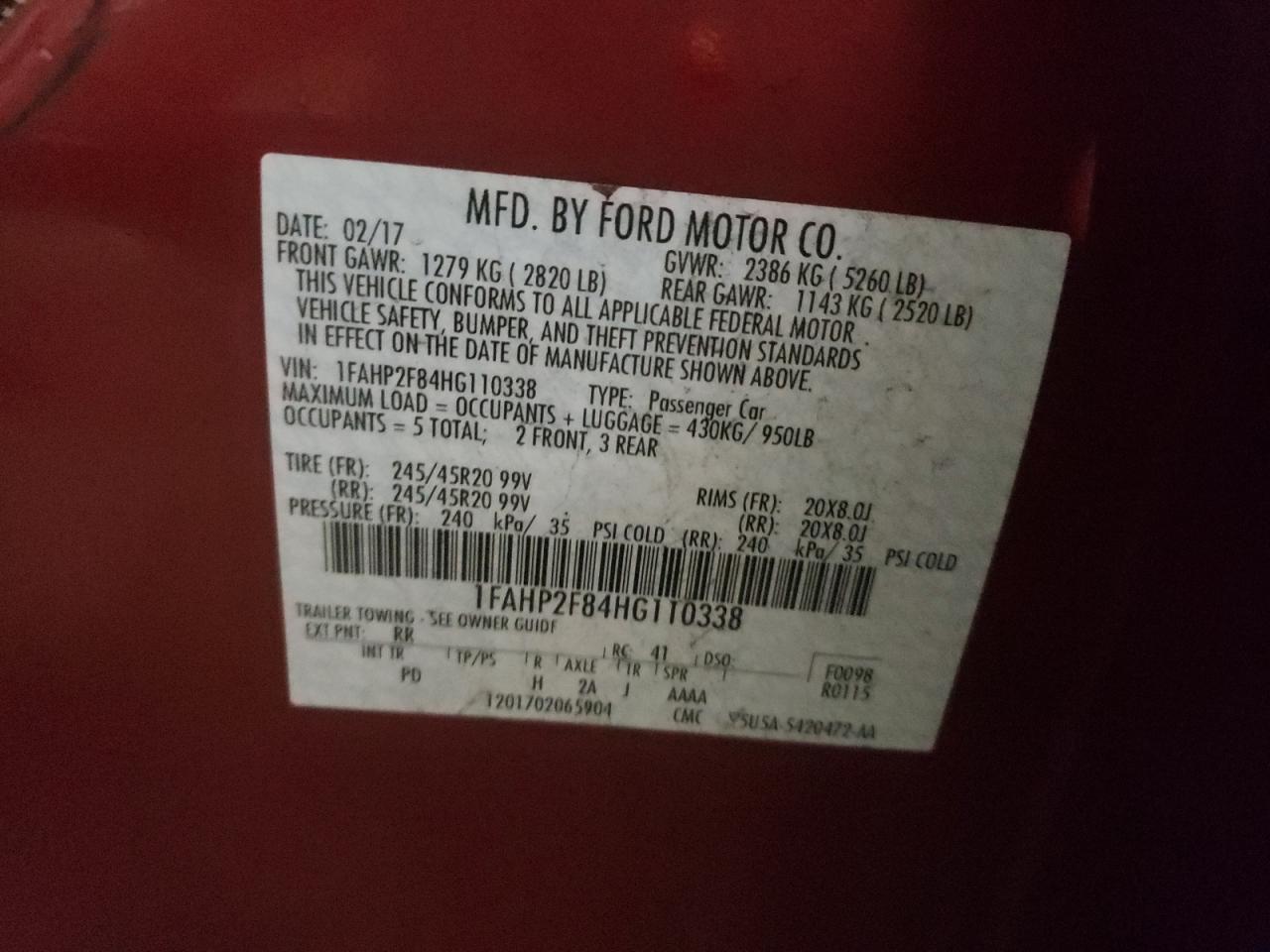 Photo 10 from auction – 2017 FORD TAURUS LIM with VIN 1FAHP2F84HG110338